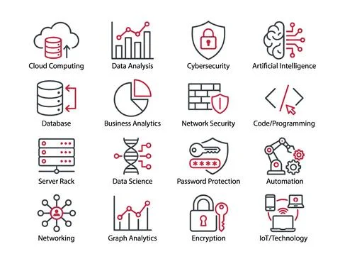 Set of modern flat icons representing technology and data concepts like clo.. Stock Illustration