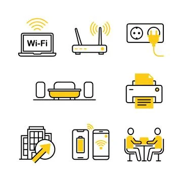 Set of modern flat icons representing Wi-Fi laptop, wireless router, electr.. Ilustração Stock