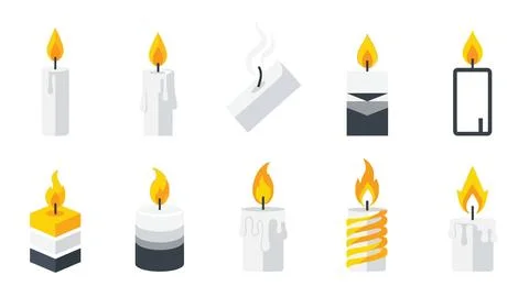 Set of modern flat vector candle icons with different flame shapes and styles イラスト素材