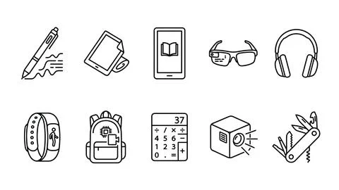 Set of modern gadgets and tools icons for education and productivity. Illustrazione stock