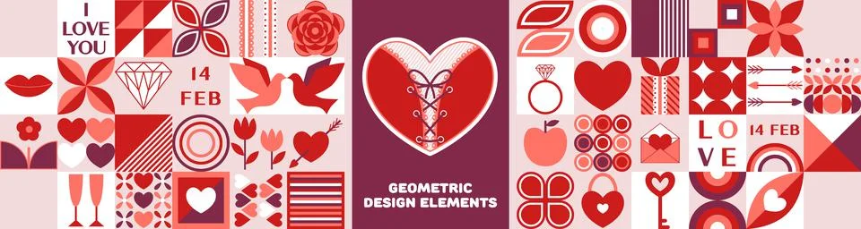 Set of modern geometric elements for Valentine day Stock Illustration