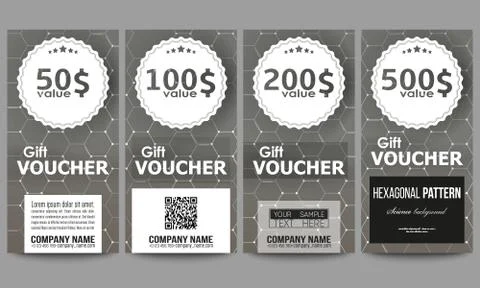 Set of modern gift voucher templates. Chemistry pattern, hexagonal design vector Stock Illustration