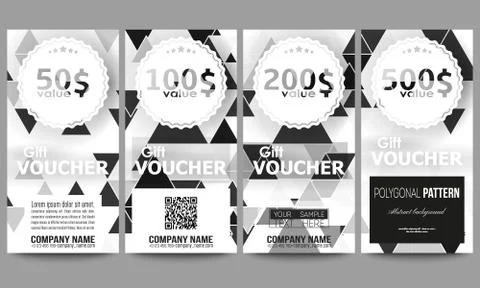 Set of modern gift voucher templates. Triangular vector pattern. Abstract black Illustrazione stock