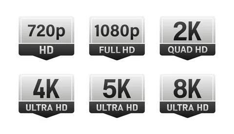 Set of modern glossy silver emblems showing video resolutions from hd to 8k Stock-Illustration