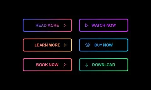 Set of modern glowing multi-colored gradient buttons on dark background Stock Illustration