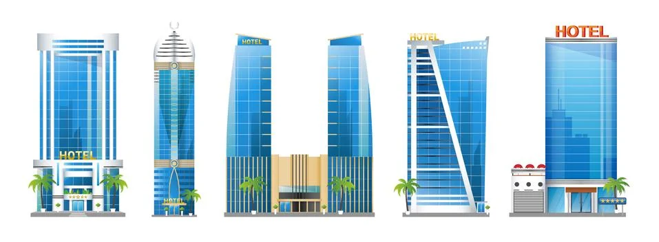 Set of modern hotel buildings, skyscraper towers with palm trees, architecture Ilustración de archivo