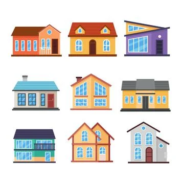 Set of Modern House Set Collection, Facade Design Isolated Element Objects .. Ilustración de archivo