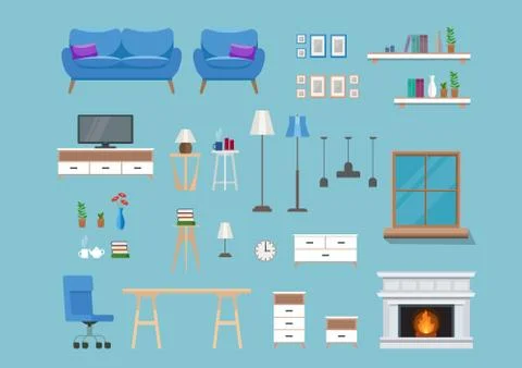Set of modern interior elements, living room furniture. Vector illustration Stock Illustration