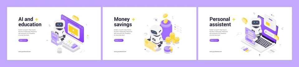 Set of modern isometric vector banners with AI robots in education, savings a 스톡 일러스트