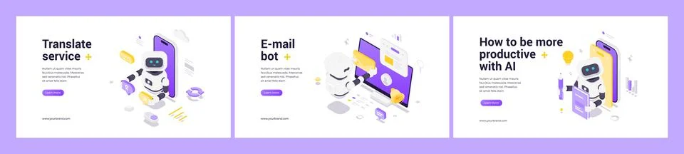 Set of modern isometric vector banners showcases AI robots for translation, e 스톡 일러스트