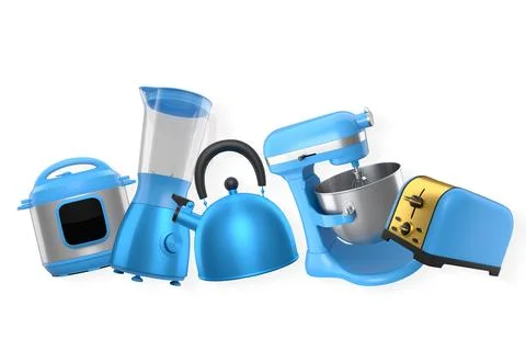 Set of modern kitchen appliances including blender, toaster, mixer, kettle an Stock Illustration