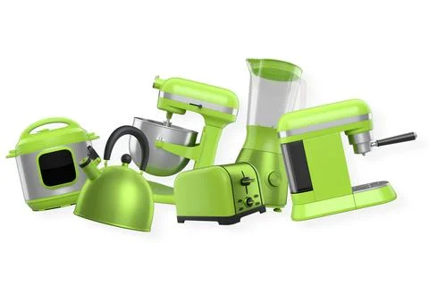 Set of modern kitchen appliances including blender, toaster, mixer, kettle .. Stock Illustration