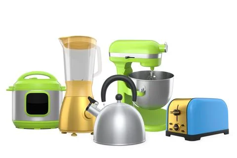 Set of modern kitchen appliances including blender, toaster, mixer, kettle and Stock Illustration