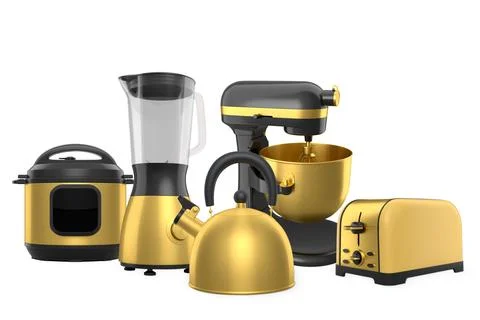 Set of modern kitchen appliances including blender, toaster, mixer, kettle .. Stock Photos