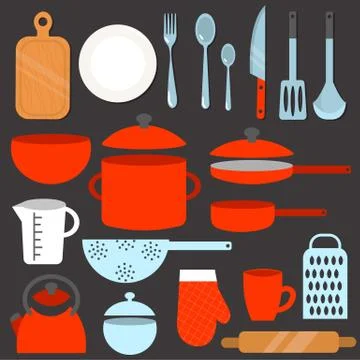 A set of modern kitchen utensils. Most used kitchenware. Vector illustration in Stock Illustration