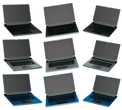Set of modern laptops with rgb lights isolated on white background with clipp Stock Illustration