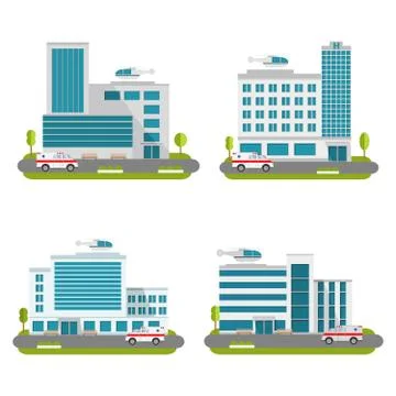 Set of the modern medical centers of rendering ambulance. Hospital with car a Stock Illustration