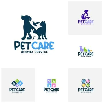 Set of Modern pet care logo design concept featuring dog, cat, rabbit, and .. Stock Illustration