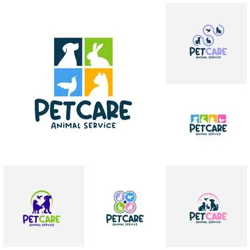 Set of Modern pet care logo design concept featuring dog, cat, rabbit, and .. Stock Illustration