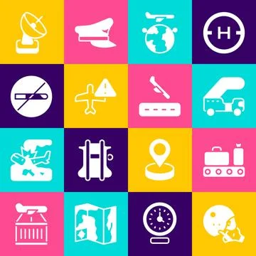 Set Modern pilot helmet, Conveyor belt with suitcase, Passenger ladder, Glo.. Stock Illustration
