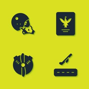 Set Modern pilot helmet, Plane takeoff, propeller and Passport icon. Vector Illustrazione stock