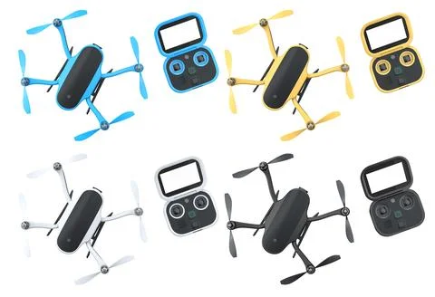 Set of modern quadcopter drones with matching controllers isolated on white.. Stock Illustration