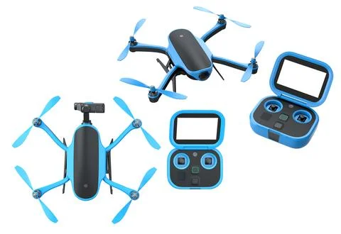 Set of modern quadcopter drones with matching controllers isolated on white.. Stock Illustration