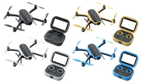 Set of modern quadcopter drones with matching controllers isolated on white b Stock Illustration