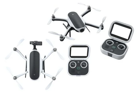 Set of modern quadcopter drones with matching controllers isolated on white.. Stock Illustration