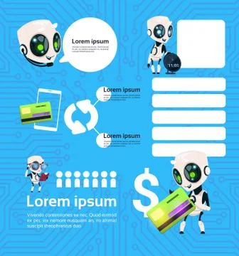 Set of Modern Robot Technology Chatbots Service On Blue Background With Circuit Stock Illustration