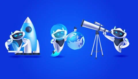 Set modern robots with rocket globe and telescope artificial intelligence Stock Illustration