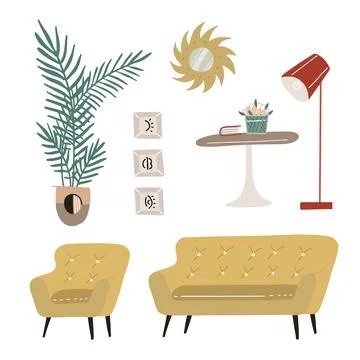 Set of modern scandi interior design elements. Armchair, table, sofa, carpet Illustrazione stock