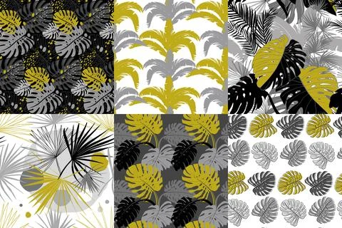 Set of modern seamless patterns with monstera leaves on black background with Stock Illustration