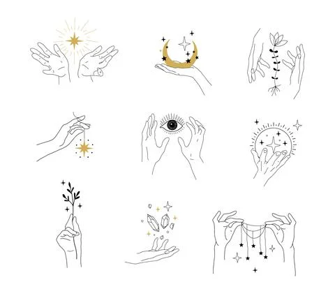 Set of modern simple magic drawings with crystals, stars, moon. Design elements Stock Illustration