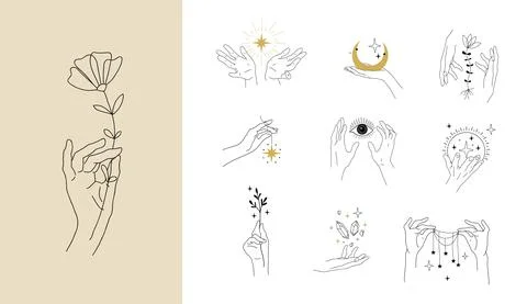 Set of modern simple magic drawings with crystals, stars, moon and flowers Stock Illustration