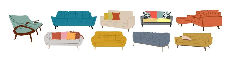 Set of modern sofas different types and colors. Illustrazione stock