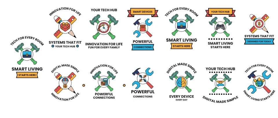 Set of modern, stylized tool logos in circular and shield forms Illustrazione stock