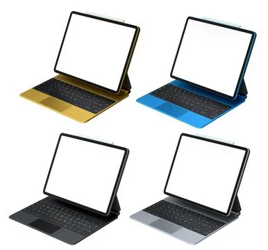 Set of modern tablets with detachable keyboards and styluses isolated on white Illustrazione stock