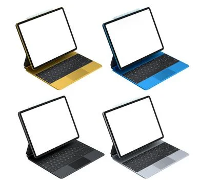 Set of modern tablets with detachable keyboards and styluses isolated on whit Stock-Illustration
