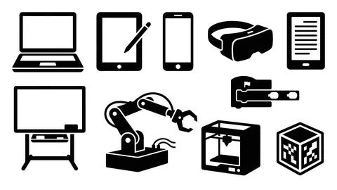 Set of modern technology and industrial innovation icons in flat black style. Stock Illustration
