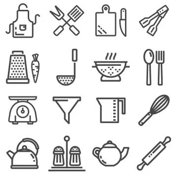 Set of modern thin line icons home tableware, household and kitchen utensils Illustrazione stock