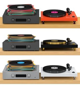 Set of modern turntables with integrated amplifiers, placed on wooden stand.. Stock Illustration