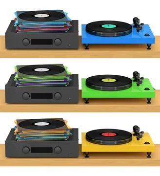 Set of modern turntables with integrated amplifiers, placed on wooden stands, Stock Illustration
