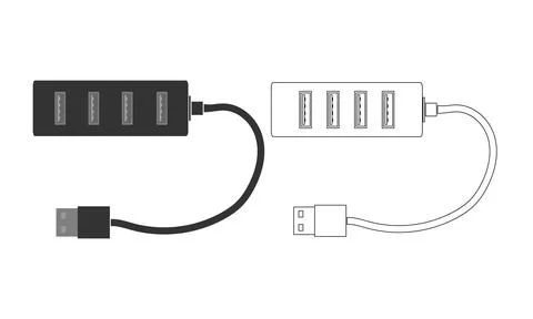 A set of modern USB splitters with ports and cable. A splitter for a computer or Stock Illustration