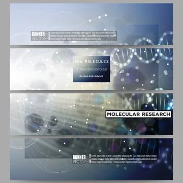 Set of modern vector banners. DNA molecule structure on dark blue background Stock Illustration