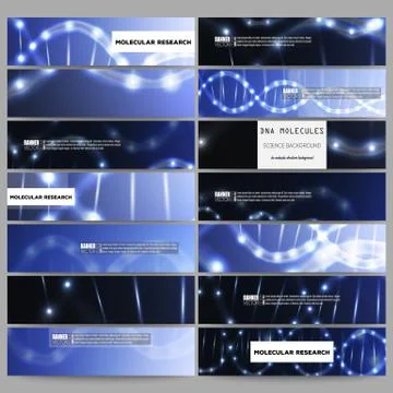 Set of modern vector banners. DNA molecule structure on dark blue background Stock Illustration