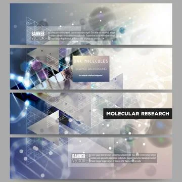 Set of modern vector banners. DNA molecule structure on dark blue background Stock Illustration