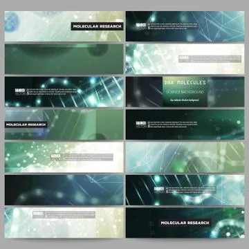 Set of modern vector banners. DNA molecule structure on dark green background Illustrazione stock