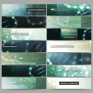 Set of modern vector banners. DNA molecule structure on dark green background Illustrazione stock