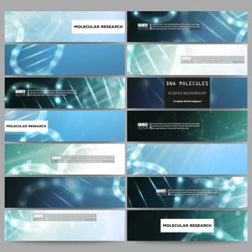 Set of modern vector banners. DNA molecule structure on dark blue background Illustrazione stock